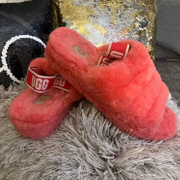 UGG NEON CORAL FLUFF YEAH SLIDES SLIPPERS SANDALS sz 10 40/41