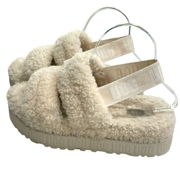 Ugg Oh! Fluffita Sherpa Slide Platform Sandal Slide Slippers SZ 9 Natural Beige