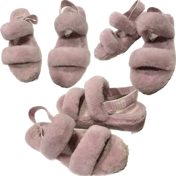UGG “Oh-Yeah” Baby Pink Sheepskin Platform Wedge Sling Back Slippers Size 10