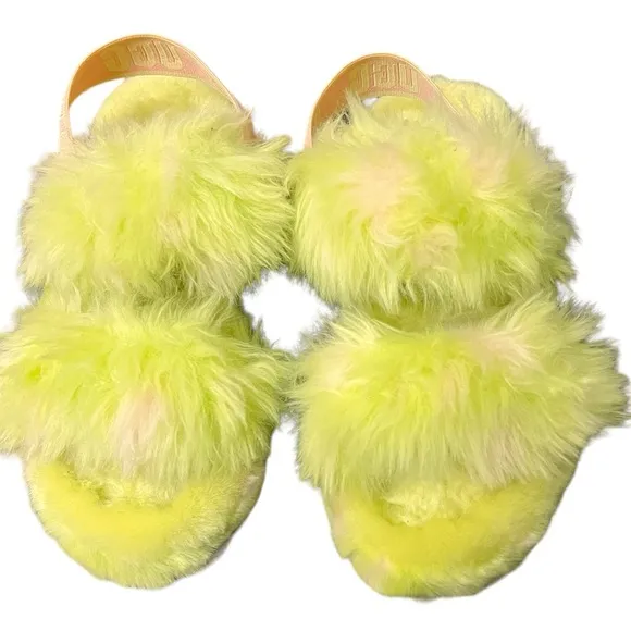 UGG | Oh Yeah Spots faux fur green fuzzy double strap slippers size 6