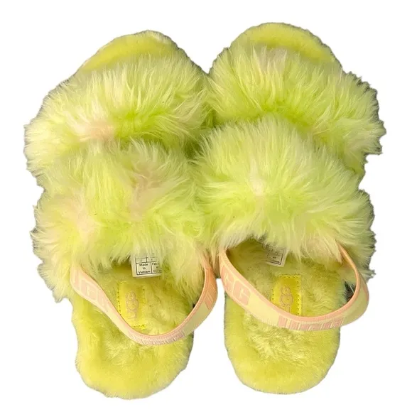 UGG | Oh Yeah Spots faux fur green fuzzy double strap slippers size 6