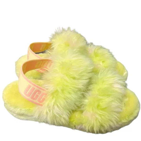 UGG | Oh Yeah Spots faux fur green fuzzy double strap slippers size 6