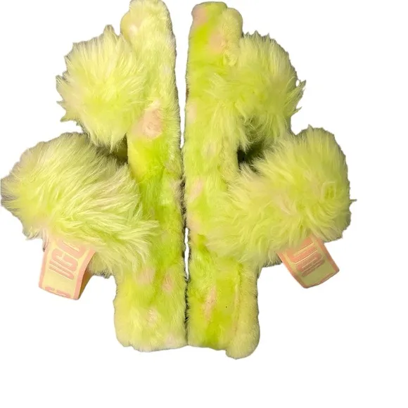 UGG | Oh Yeah Spots faux fur green fuzzy double strap slippers size 6