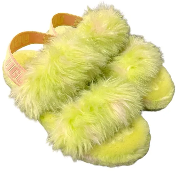 UGG | Oh Yeah Spots faux fur green fuzzy double strap slippers size 6