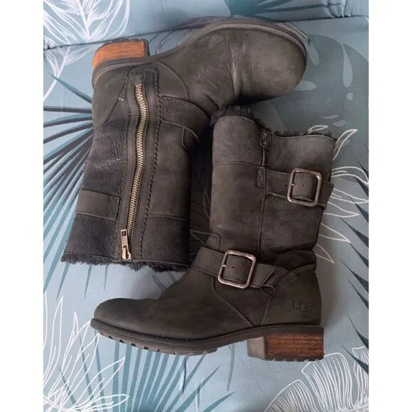 UGG OREGON BLACK SUEDE SHEEPSKIN SHEARLING ANKLE BUCKLE BOOT sz 5.5