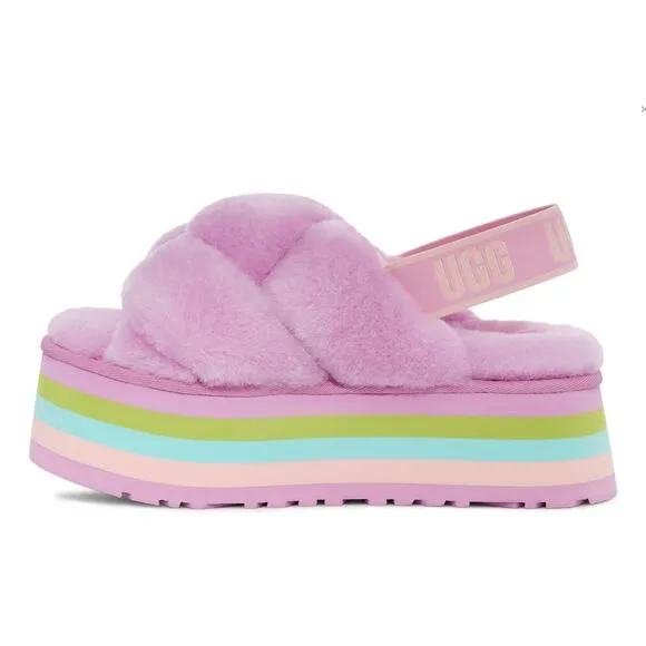 UGG Pink Rainbow Platform Disco Knot Genuine Shearling Slide Slippers