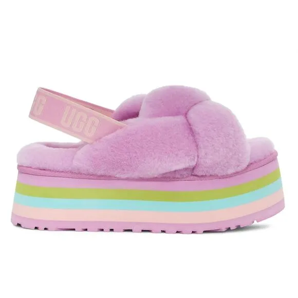UGG Pink Rainbow Platform Disco Knot Genuine Shearling Slide Slippers
