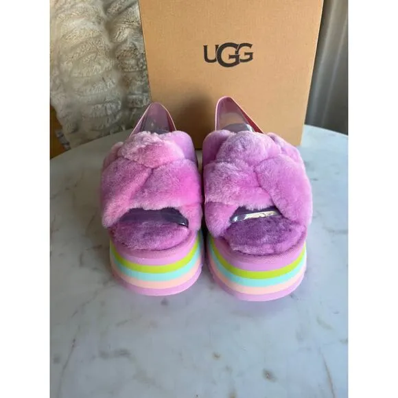 UGG Pink Rainbow Platform Disco Knot Genuine Shearling Slide Slippers