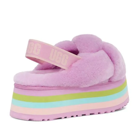 UGG Pink Rainbow Platform Disco Knot Genuine Shearling Slide Slippers