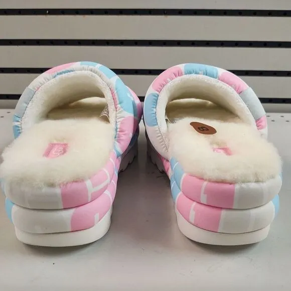 UGG Pride Slide Platform Fur Slippers Pink Blue White Womens Size 8 Lamb Fuzzy