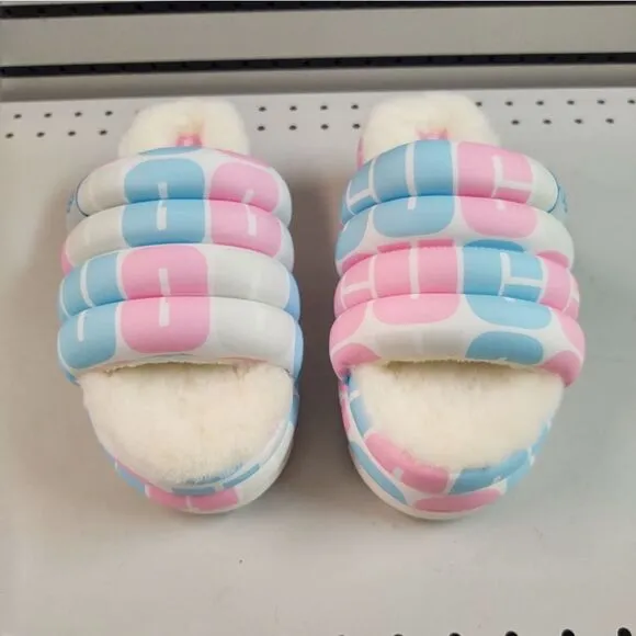 UGG Pride Slide Platform Fur Slippers Pink Blue White Womens Size 8 Lamb Fuzzy