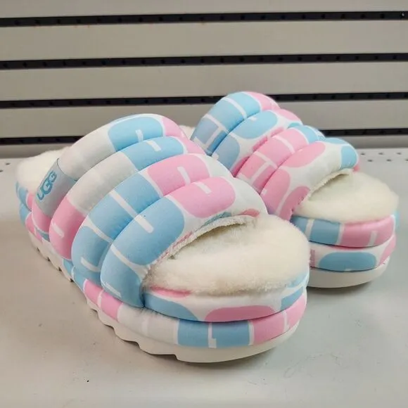 UGG Pride Slide Platform Fur Slippers Pink Blue White Womens Size 8 Lamb Fuzzy