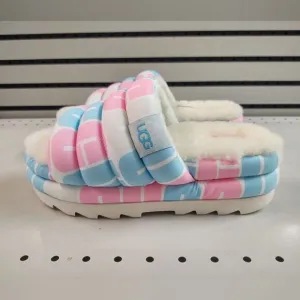 UGG Pride Slide Platform Fur Slippers Pink Blue White Womens Size 8 Lamb Fuzzy