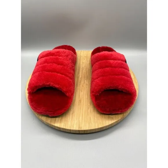 UGG Sandals Mens Size 10 Red Sheepskin Fur Slippers Slip On Wool Slides 1117473