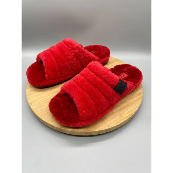 UGG Sandals Mens Size 10 Red Sheepskin Fur Slippers Slip On Wool Slides 1117473
