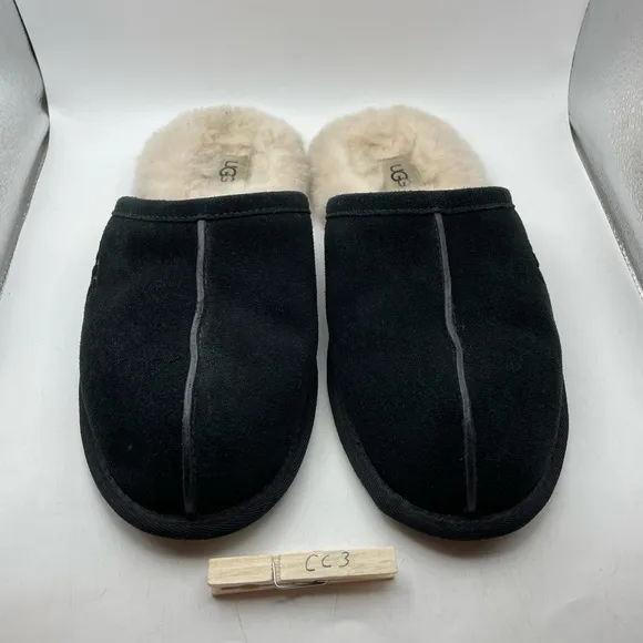 UGG Scuff Black Suede Slippers with Cream Fur Lining size mens 7