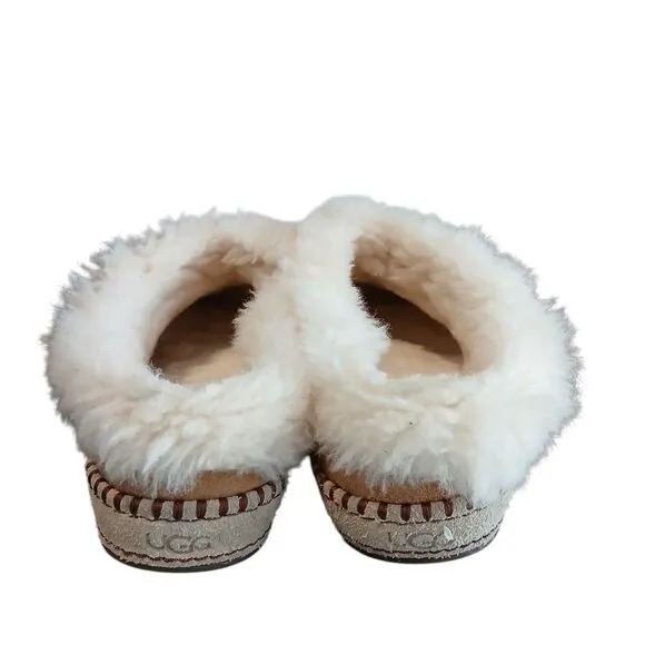 UGG Slippers Womens Sz 10.5 Wrin Sheepskin Fur Chestnut Suede Slip On Comfort