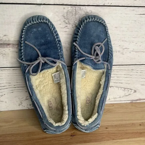 UGG Suede Fur Lined Bow Loafers Slippers Moccasins Women Size 10 Blue