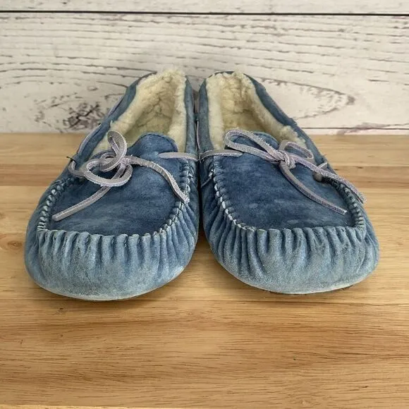 UGG Suede Fur Lined Bow Loafers Slippers Moccasins Women Size 10 Blue