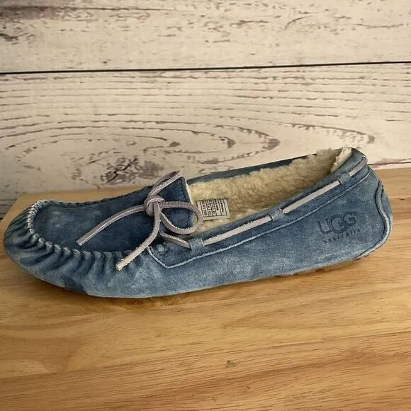 UGG Suede Fur Lined Bow Loafers Slippers Moccasins Women Size 10 Blue