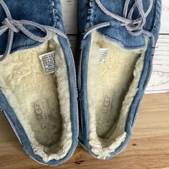 UGG Suede Fur Lined Bow Loafers Slippers Moccasins Women Size 10 Blue