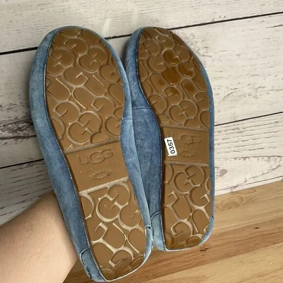 UGG Suede Fur Lined Bow Loafers Slippers Moccasins Women Size 10 Blue