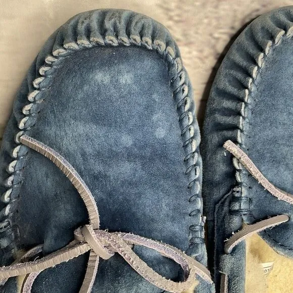 UGG Suede Fur Lined Bow Loafers Slippers Moccasins Women Size 10 Blue