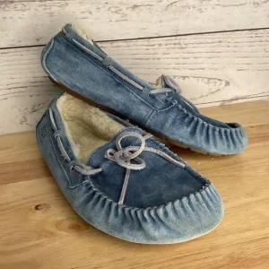 UGG Suede Fur Lined Bow Loafers Slippers Moccasins Women Size 10 Blue