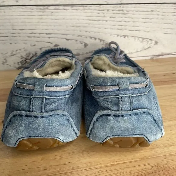 UGG Suede Fur Lined Bow Loafers Slippers Moccasins Women Size 10 Blue