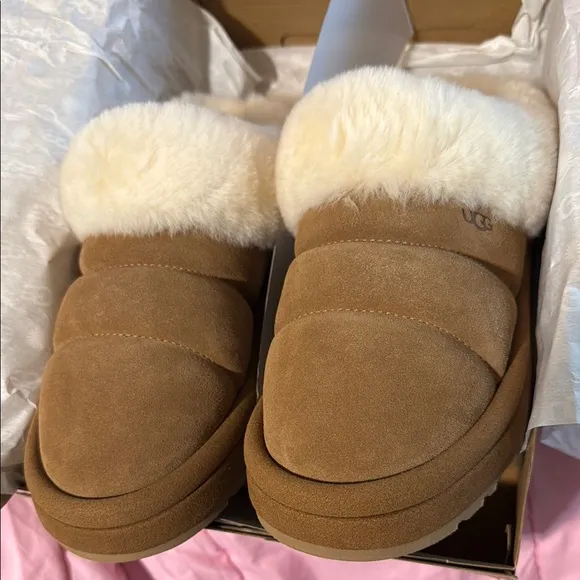 UGG Tan and Cream Slippers with Plush Lining
