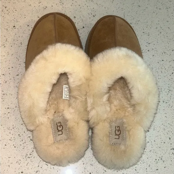 UGG Tan Suede Slippers with Cream Fur