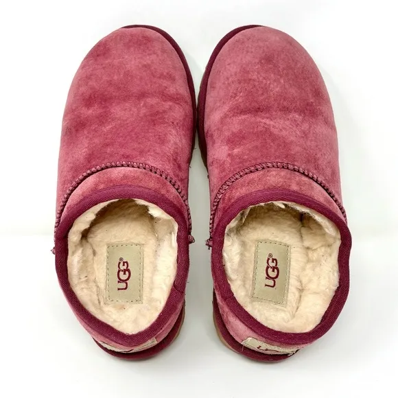 UGG Tasman Pink Berry Leather Suede Slide On Slippers Mules Wool Lining Women 6