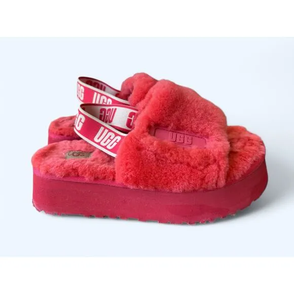 UGG Women's Furry Shearling Disco Slide Slippers Hibiscus Pink size 7 M Cozycore