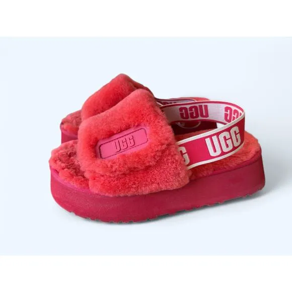 UGG Women's Furry Shearling Disco Slide Slippers Hibiscus Pink size 7 M Cozycore