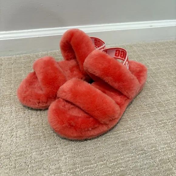 UGG Women's Oh Yeah Bling Vibrant Coral Fur Slippers Slingback Open Toe Size 8