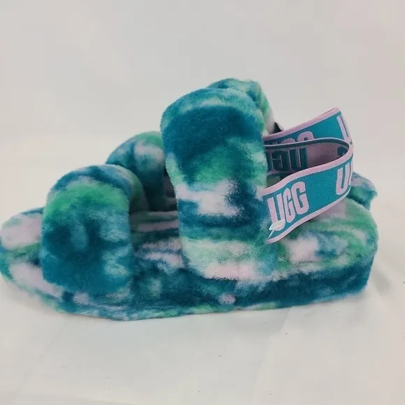Ugg Womens Oh Yeah Marble Sz 6 Aqua Blue Sheepskin Slide Slippers NIB