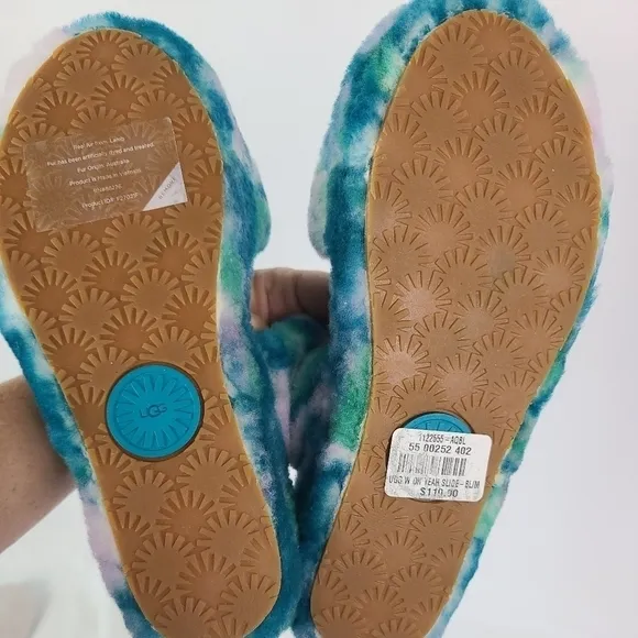 Ugg Womens Oh Yeah Marble Sz 6 Aqua Blue Sheepskin Slide Slippers NIB