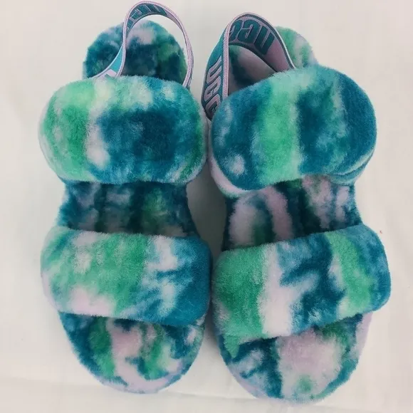 Ugg Womens Oh Yeah Marble Sz 6 Aqua Blue Sheepskin Slide Slippers NIB