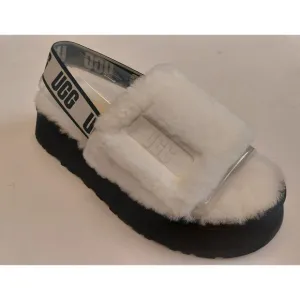 UGG Womens Size 11 Disco Slide Sheepskin Platform Slippers White Black 1112258