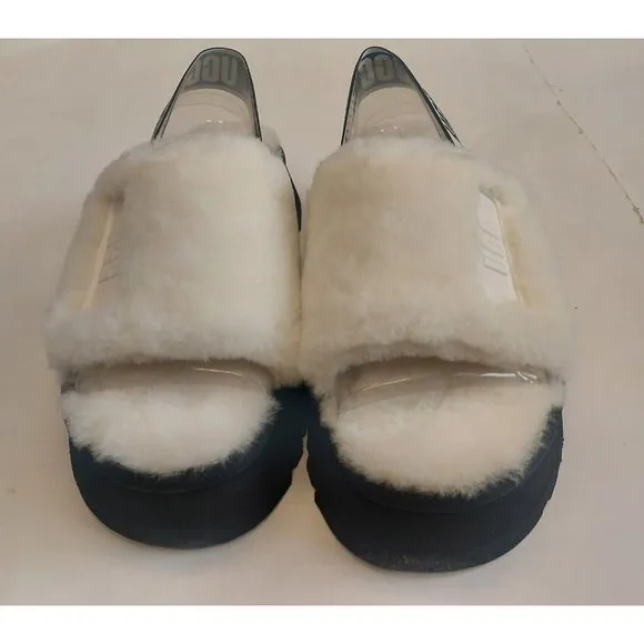 UGG Womens Size 11 Disco Slide Sheepskin Platform Slippers White Black 1112258