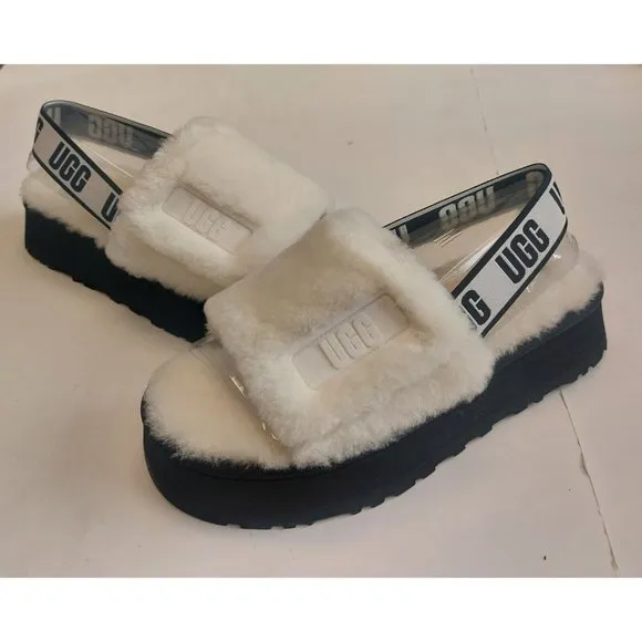 UGG Womens Size 11 Disco Slide Sheepskin Platform Slippers White Black 1112258