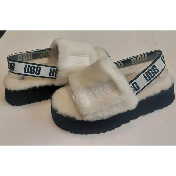 UGG Womens Size 11 Disco Slide Sheepskin Platform Slippers White Black 1112258