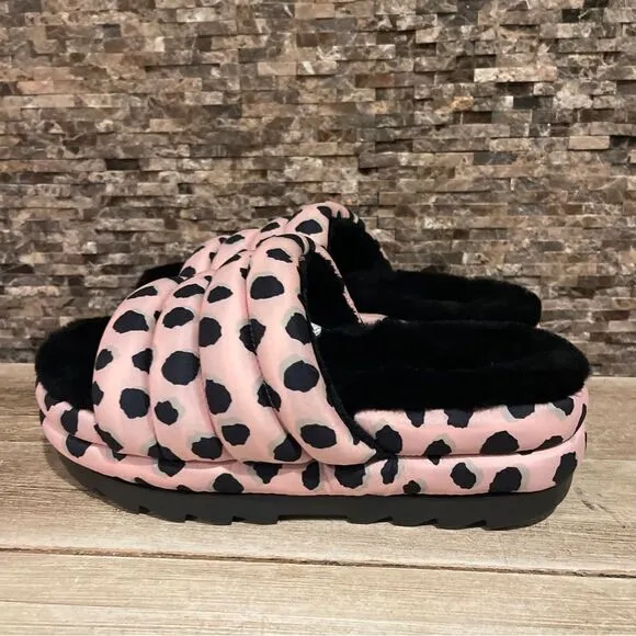 UGG Womens Maxi Slide Cheetah Print Slippers Pink Scallop 1127074 New