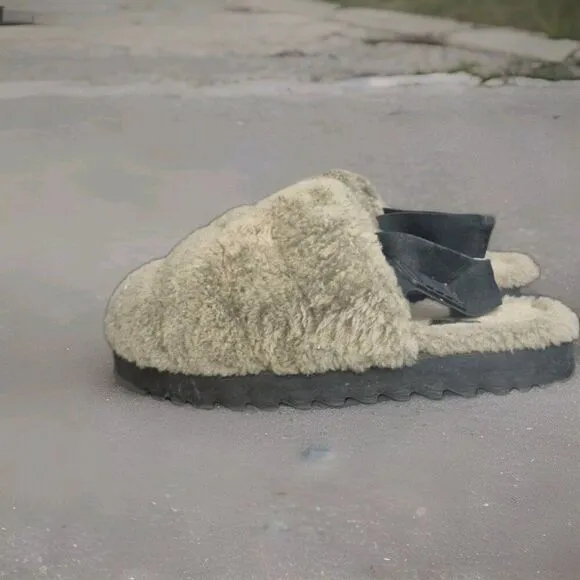 UGG BURNT OLIVE SLIDE SHEEPSKIN SLIPPERS, WOMEN US 9/ EUR  40