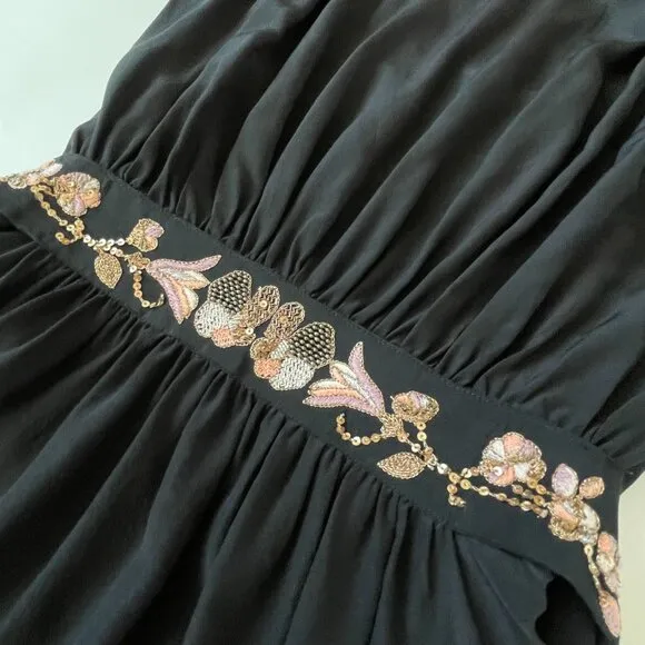 Ulla Johnson Womens 8 Silk Black Dress Beaded Belt Gold Sequin Quiet Luxury