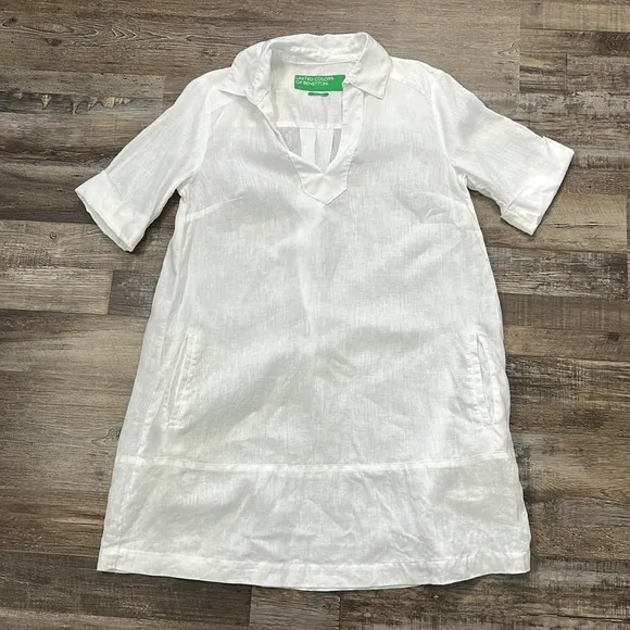 United Colors of Benetton Linen White Minimalist Lagenlook Boxy Tunic Dress Sz L