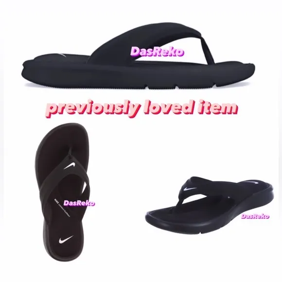 USED WMNS SIZE 10 NIKE ULTRAS COMFORTS THONGS TRIPLE BLACKS WHITES FOOTBEDS