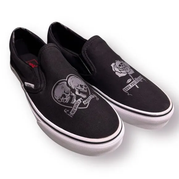 VANS Black Slip-On Shoes Gray No Bones About It‎ Love You to Death Skull Size 9