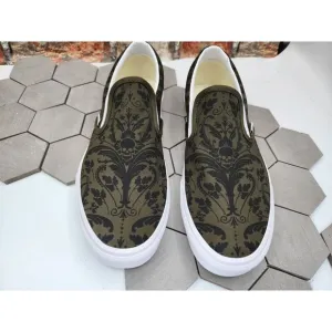 Vans Men's Classic Slip On Skull Tapestry Grape Leaf Olive Canvas Shoes Size 9