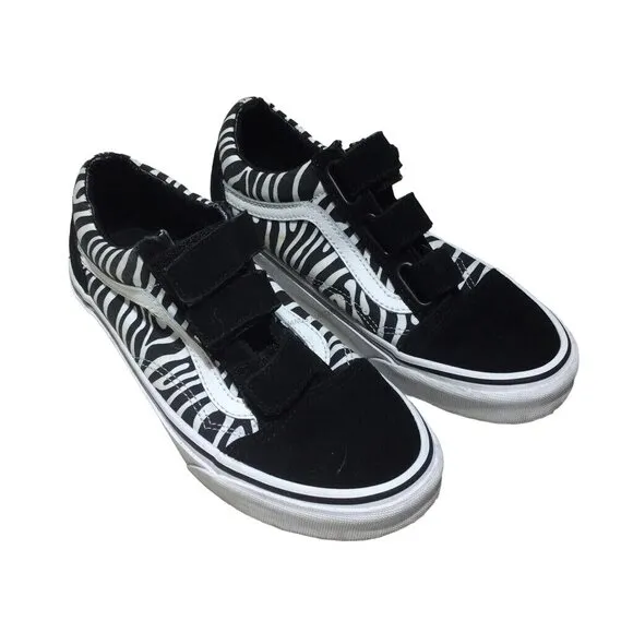 Vans Old Skool Canvas Sneaker Black Zebra Hook Loop Closure men 5.5 women 7.5
